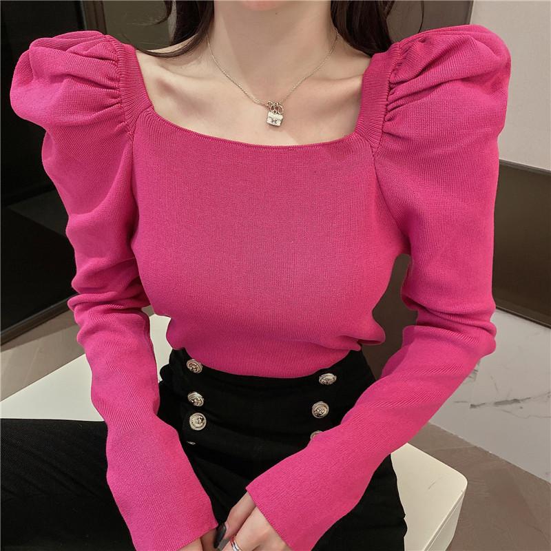 

Korean Fashion Vintage Knit Blouse Women Square Neck Puff Long Sleeve Sweater Top Female Solid Color Elegant Pullovers Shirts, Black