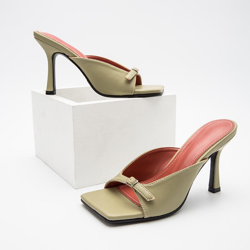 

Hot Summer Women New Buckle Slippers High Heels Slides Female Sexy Square Toe Big Size Slippers Sandals Women Outside, Black