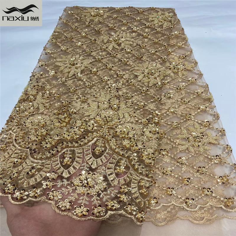 

Madison Gold handmade lace french beaded tulle net lace tissu for party dress african fabric embroidery net