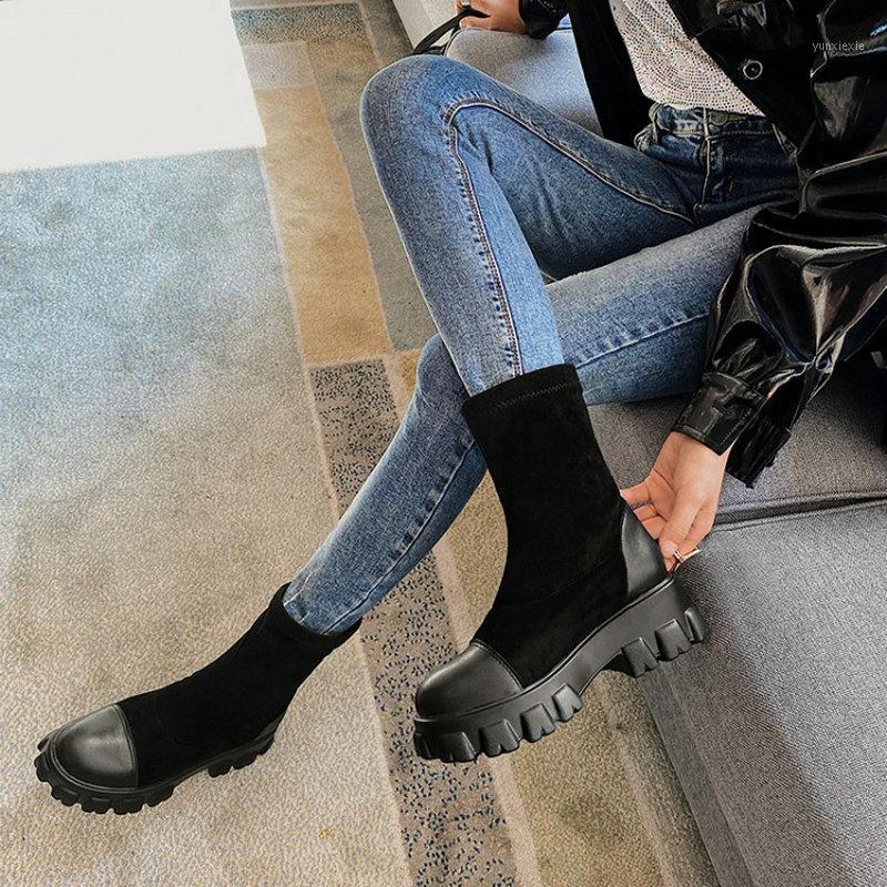 

2021 winter autumn platform wedges heels woman's shoes extra big size 44 45 46 stretch socks booties womens slip-on goth boots1, Black-pu-knee