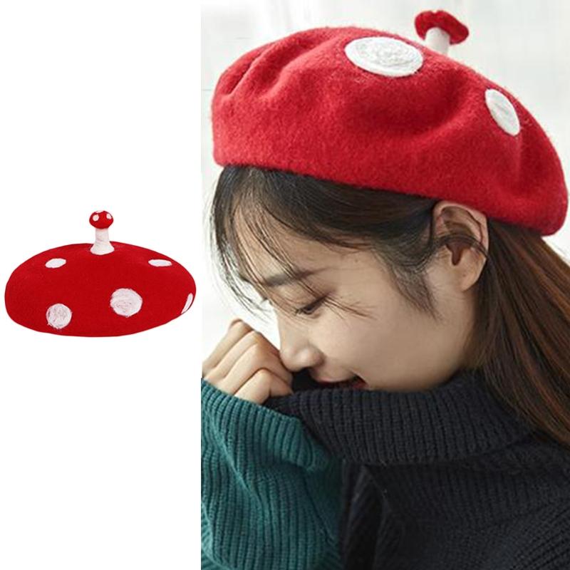 

Women Kids Novelty Cute Small Mushroom Red Beret Cap Handmade Faux Felt Wool White Point Vintage French Artist Painter Hat