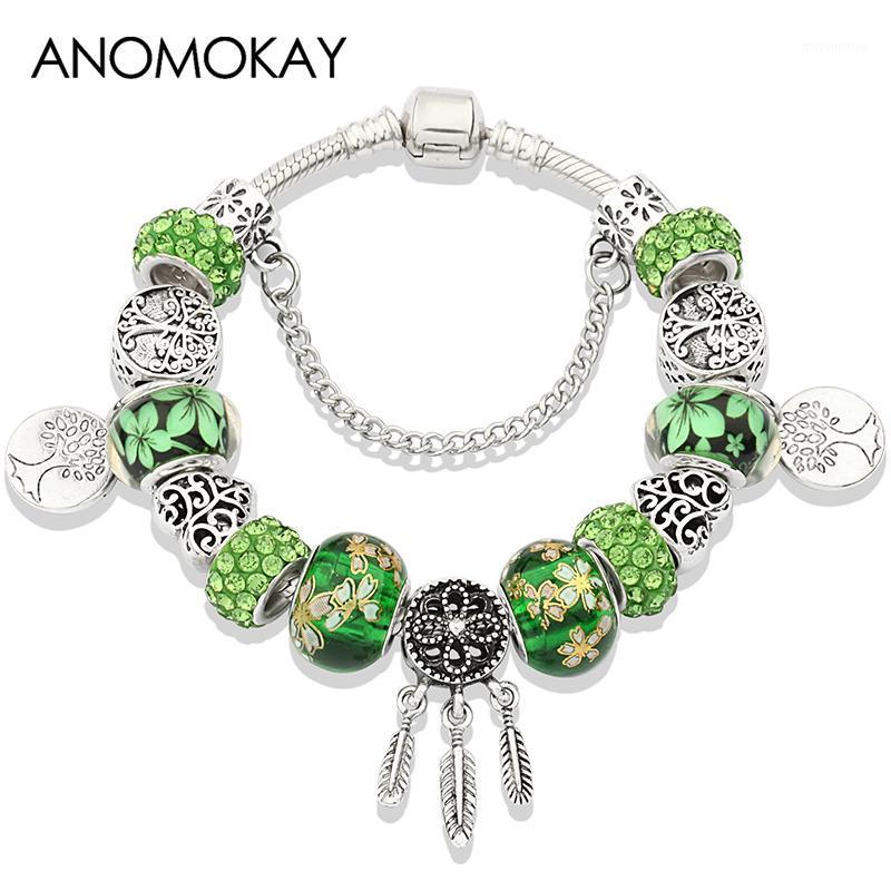 

Anomokay Green Crystal Tree of Life Casual Bead Bracelet Silver Plated Dream Catcher Charm Bracelets & Bangles DIY Jewelry Gift1