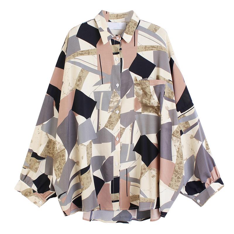

Women Blue Pattern Printed Big Size Blouse New Lapel Long Sleeve Loose Fit Button Up Shirt Fashion Tide Spring Summer 2021