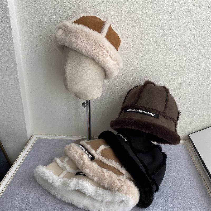 

Wide Brim Hats Faux Fur Winter Bucket Hat For Women High Quality Solid Artificial Warm Female Cap Outdoor Sunscreen Sun Panama Lady, Black
