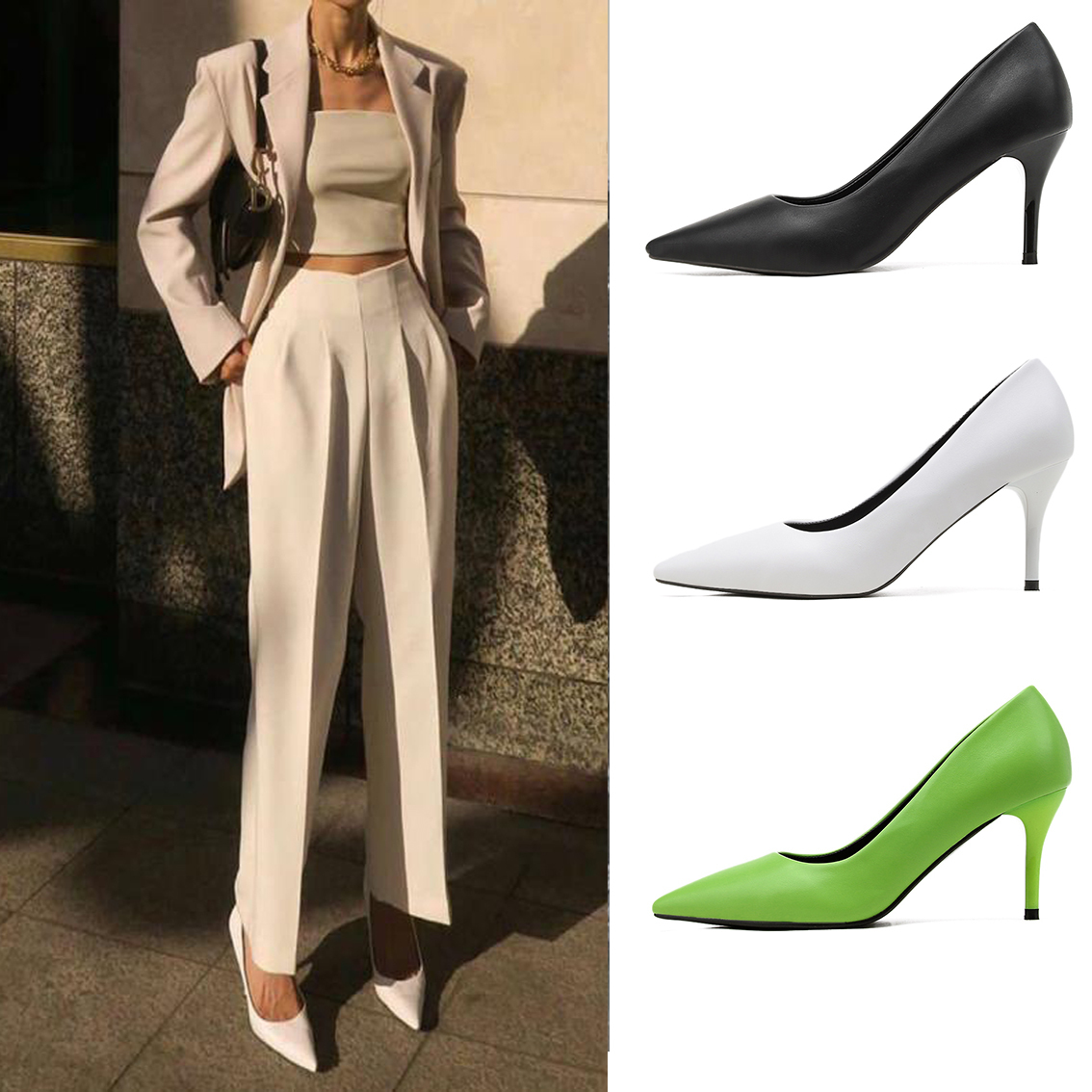

2021 New Spring Luxury Design Tilt Narrow Heel Women's Tail Only Shiny Shoes Three Colors and 7 Heels 3450, 38