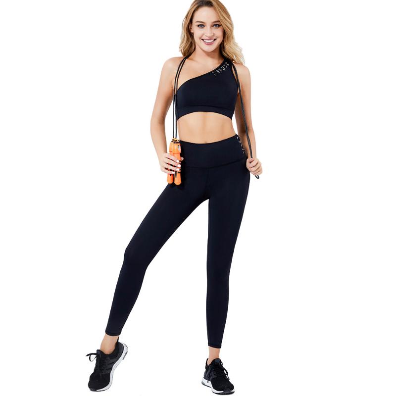 

Hot Sale High Quality Women' Yoga Suit Slant Shoulder Hollow Out Sleeveless Vest Sexy Sports Tights High Elastic Two Piece Set, Black