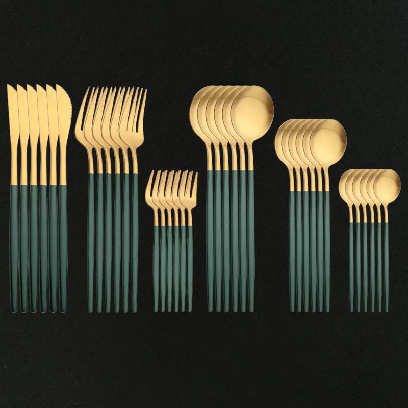 

Dinnerware Sets 36Pcs Green Gold Cutlery Set Knife Cake Fork Tea Spoon Matte Flatware Stainless Steel Silverware Party Tableware, Silver