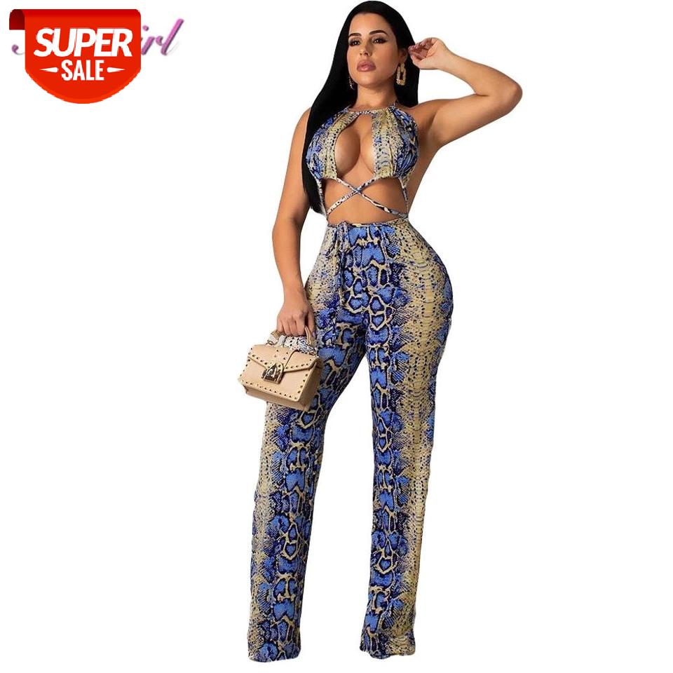 

Snake Print Patchwork Night Party Jumpsuit Women Sexy Hollow Out Lace Up Halter Backless Rompers Female Casual Overalls Outfit #Dm8H, Black;white