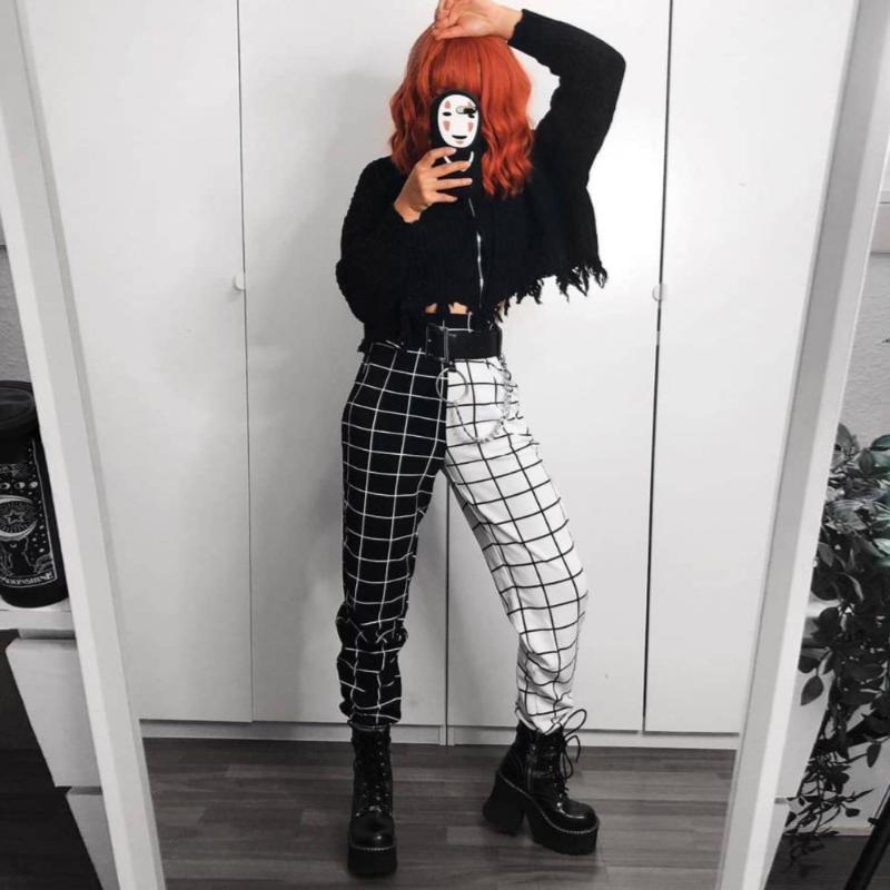 

2020 Autumn New Women' Explosive Style Fashion Casual High Waist Black And White Checkerboard Color Matching Tooling Trousers