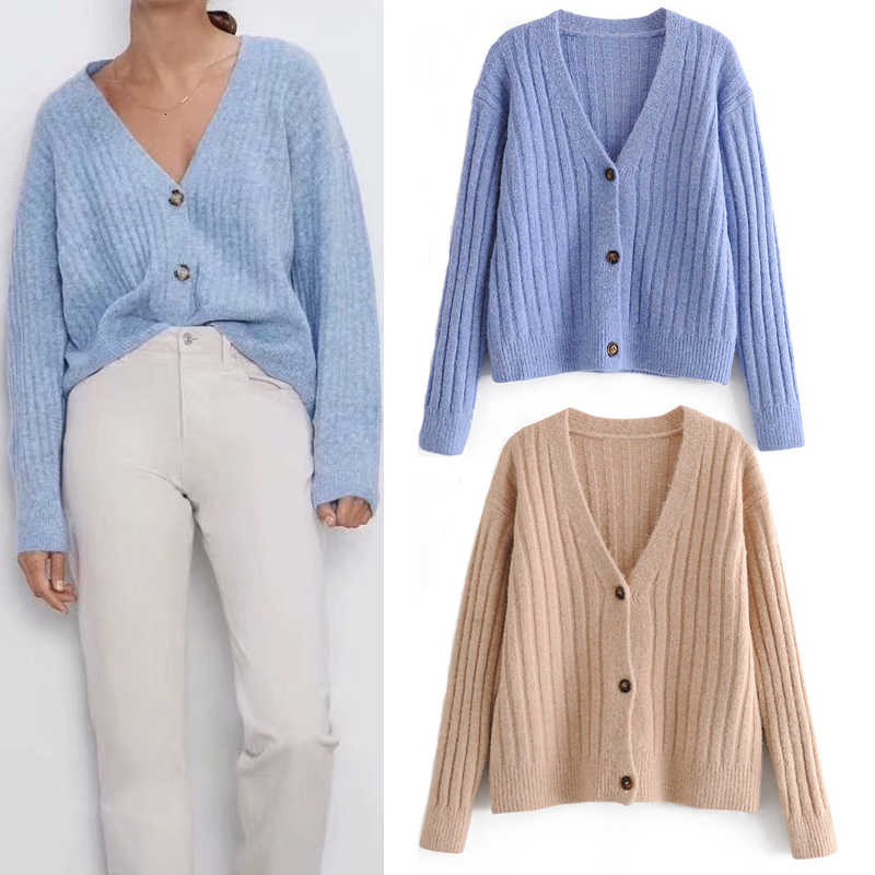 

2021 New Ribbed Cropped Knitted Women Autumn Winter Long Sleeve v Neck Sweaters Ladies Button Up Loose Casual Cardigan Top N7ll, Blue