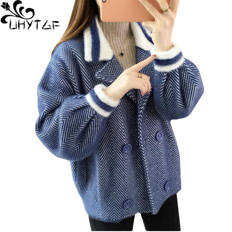 

UHYTGF Sweater Women Imitation Mink Fleece Knitted Cardigan Autumn Jacket Fashion Double Breasted Casual Student Short Coat 1098, Black