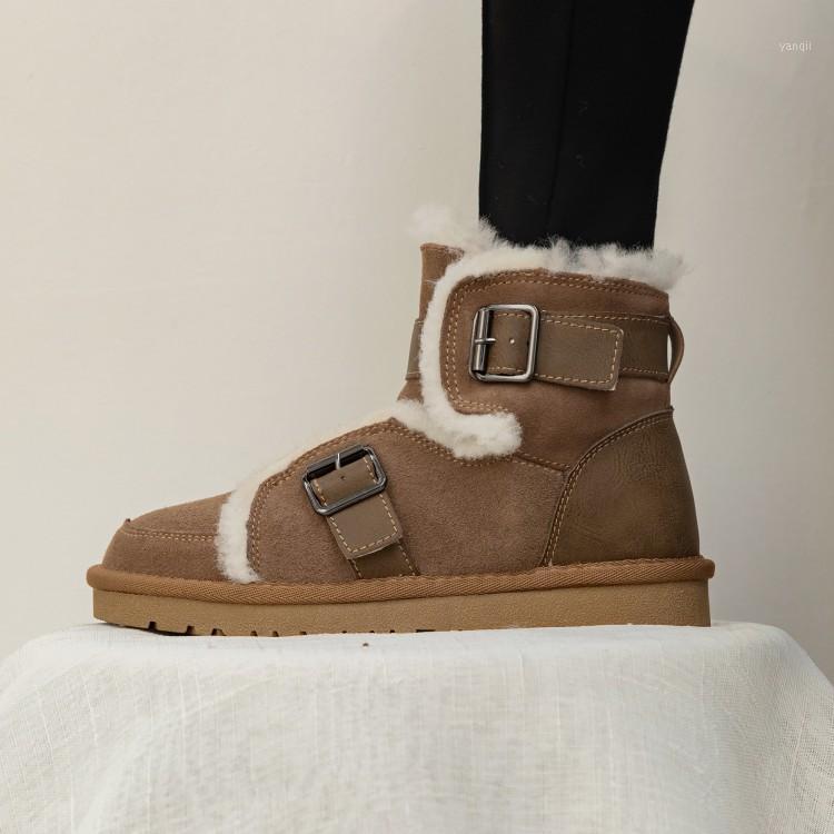 

kmeioo winter warm snow boots women fur shoes round toe flats furry flat boots woman ankle buckle shoes1, Brown