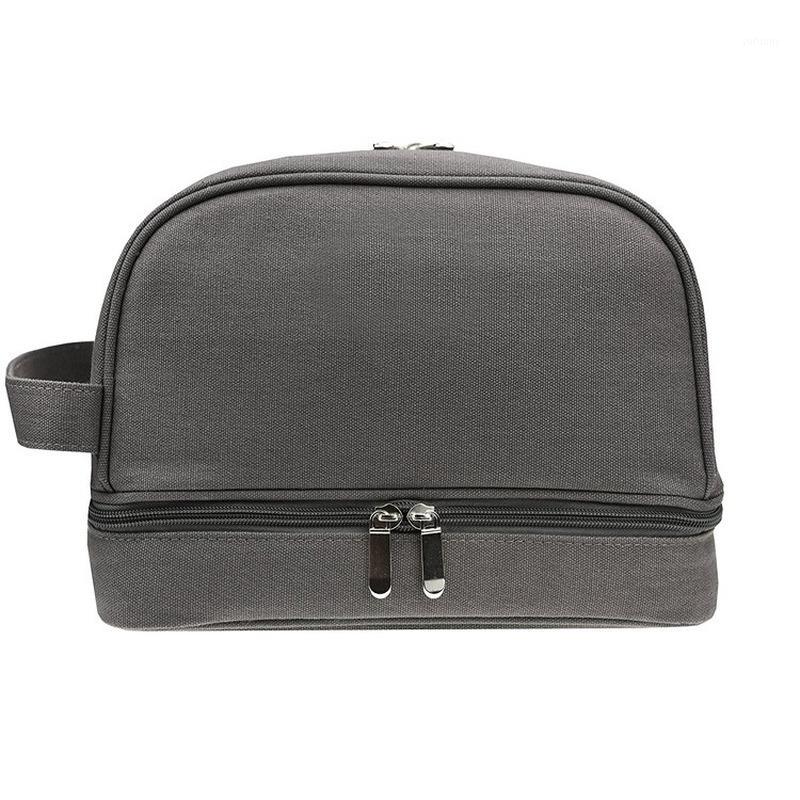 

2020 new ladies canvas double-layer large-capacity makeup storage bag portable travel solid color fashion makeup bag women1, Dark gray