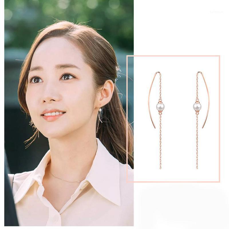 

Double Fair Retro Long Pearl Dangle Earrings For Women Tassel Fashion Chain Metal Texture HotSale Statement Earrings DFKC1531