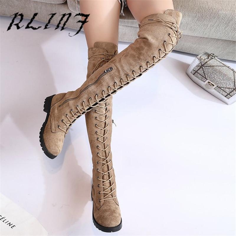 

RLINF Strappy Boots Plus Velvet Flat Female Long Boots Knee High Womens Shoes Winter for Girls1, Brown