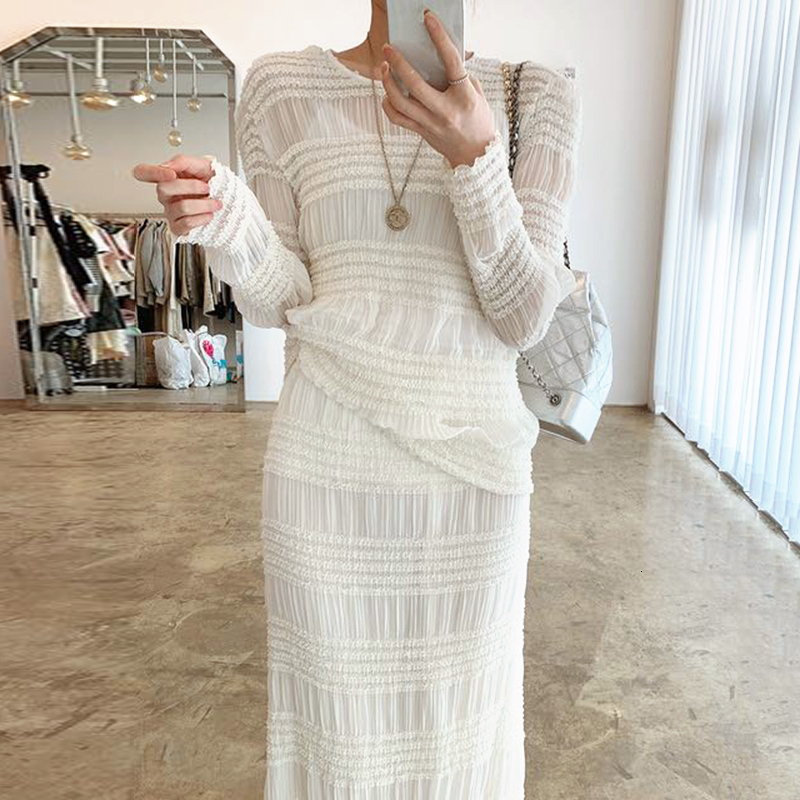 

Suits of Ladylike Female-style Correspondence Solid To-neck Long Sleeves Sun Protector Shirts Straight Waist Mid-calf Skirts Spring YCZ0, White
