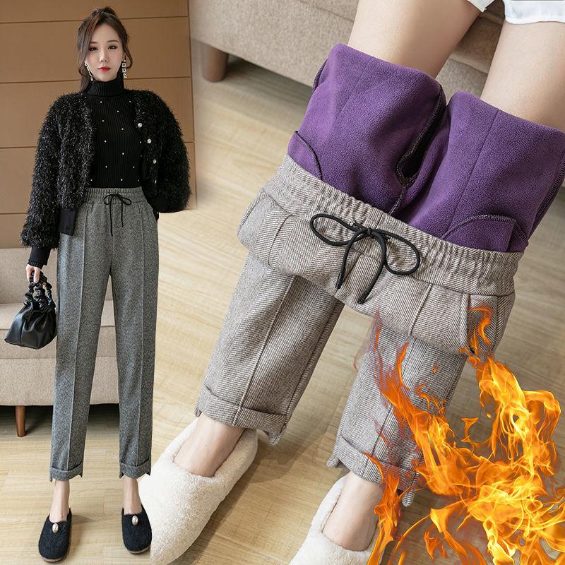 

Retro New Autumn Women Solid Elegant Woolen Pants Office Pipe Harem Pants Lady Herringbone Loose Female High Waist Legging, Khaki slim pants