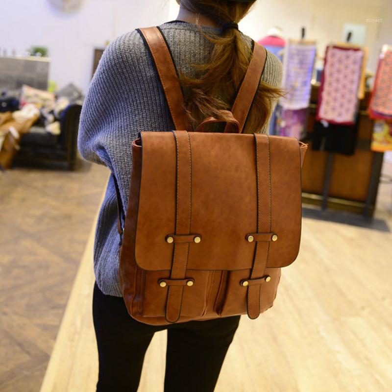 

2020 Korean Style British Retro Leather Belt Decorative Backpack Middle School Student Bag College Style Double Back Women Bag1, Black