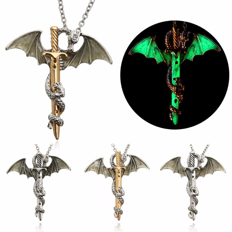 

Trend Glow in the Dark Sword Dragon Pendant Necklace For Mens Vintage Luminous Dragon Long Chain Necklace Hip Hop Unisex Jewelry