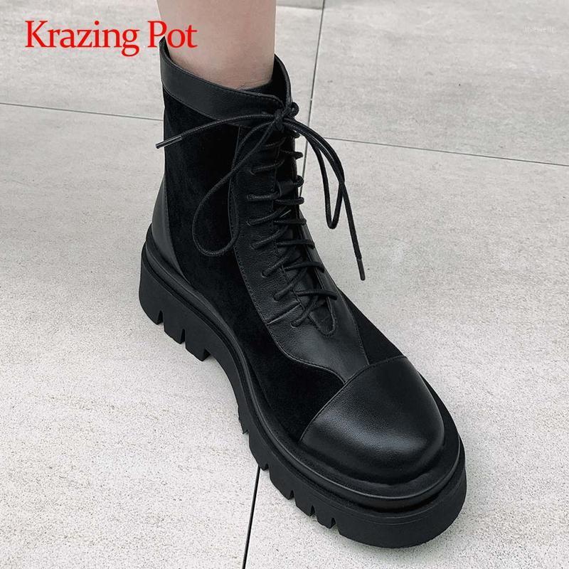 

Krazing pot new large size natural leather patchwork thick bottom platform cross-tied round toe high heel zipper ankle boots L021, Black