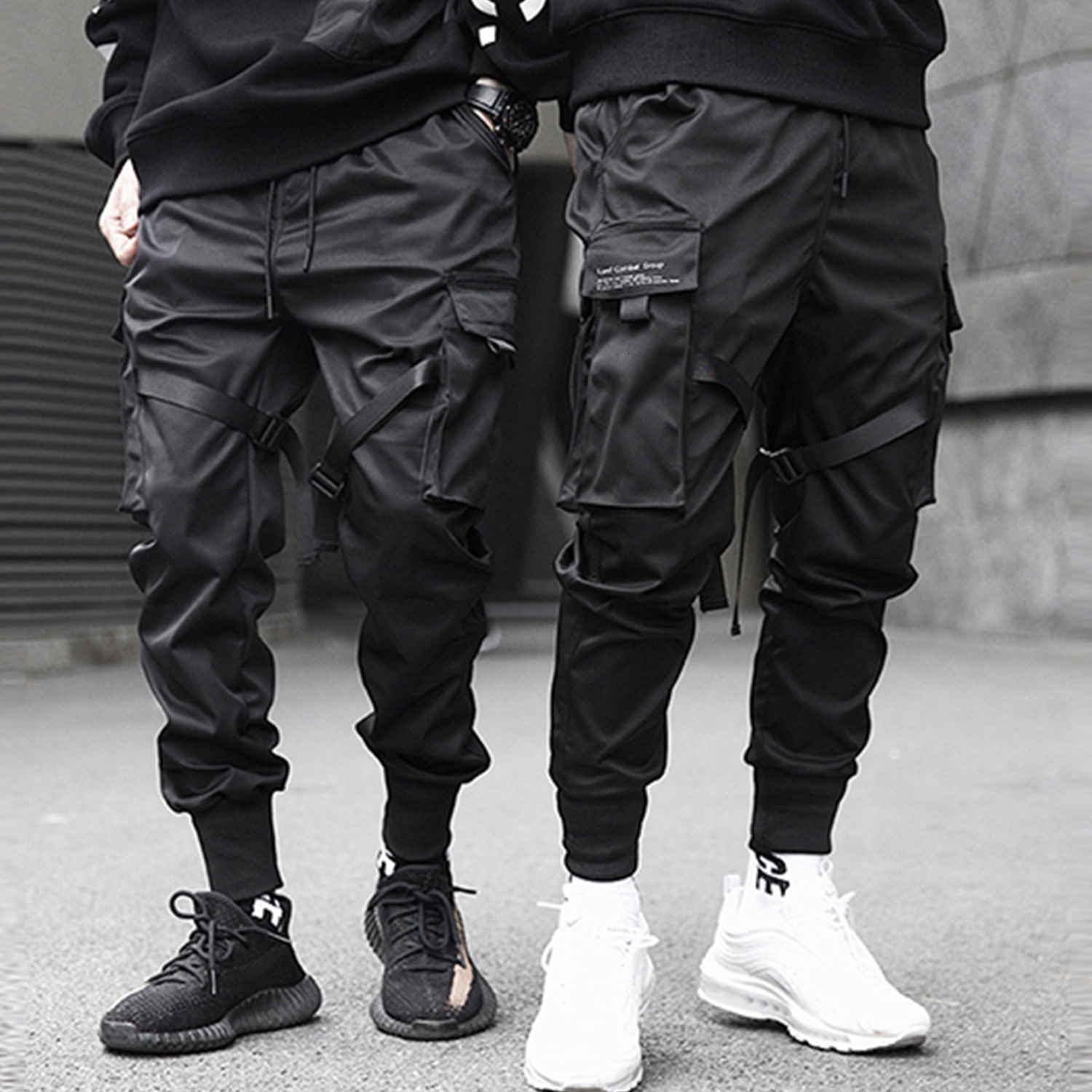 

2021 New Ribbons Hip Hop Cargo Men Pocket Streetwear Harajuku Techwear Pants Trousers Harem Joggers Sweatpants Black Zgj2