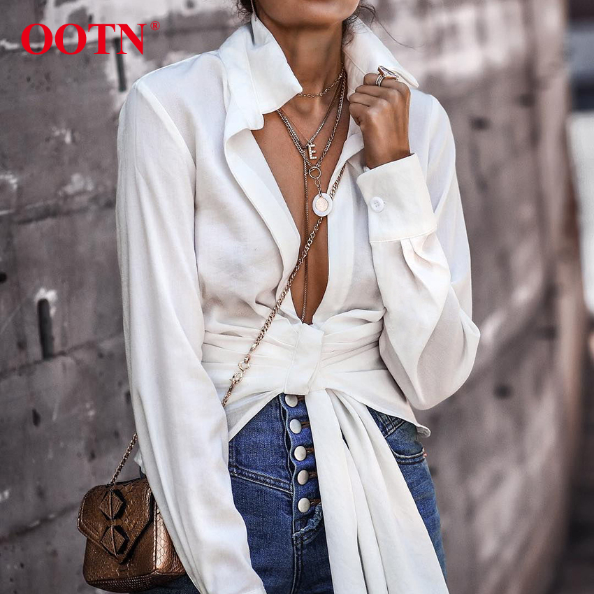 

OOTN Sexy White Wrap Top Shirt Women Long Sleeve Blouse Lace Up Knot Office Ladies Blouse Autumn Winter Female Tunic Top 200930