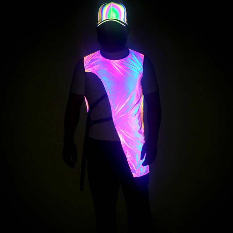 

Irregular Colorful Reflective Vest Men Hip Hop Long Sleeveless Jacket Side Buckle Nightclub DJ Singer Stage Costume, Black