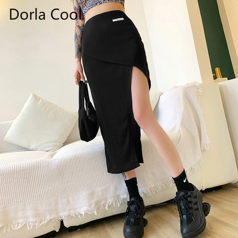 

European Street Woman Wear Mid-long Sexy Thin Solid Designer High-waisted Women's Club Night Skirt Black Clothes S3oi