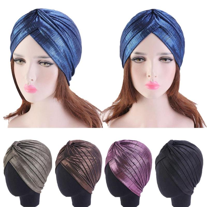 

Muslim Women Glitter Turban Pleated Cancer Hat Chemo Cap India Hair Loss Beanie Head Wrap Headscarf Beanie Stretchable Cover Cap, Black