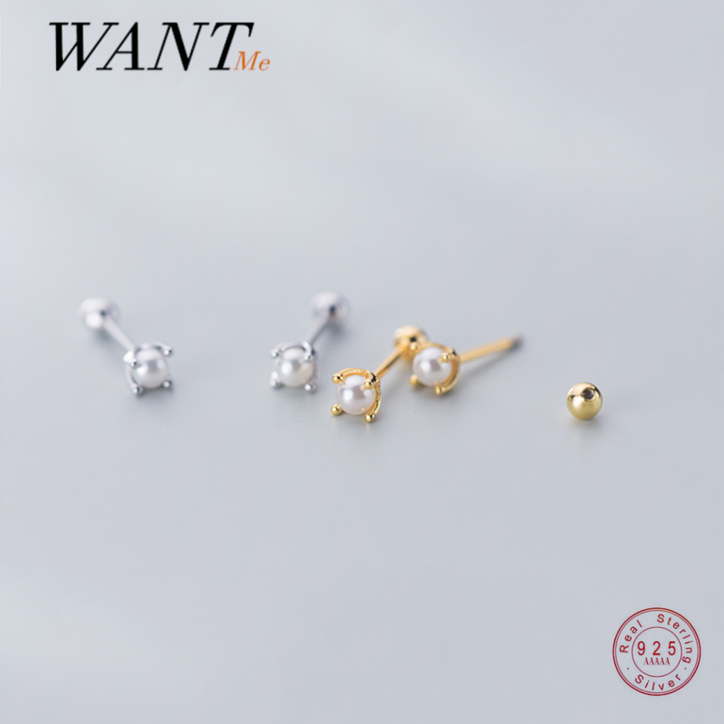 

WANTME Genuine 925 Sterling Silver Fashion Korean Mini Cute Pearl Stud Earrings for Women Romantic Party Birthday Jewelry Gifts