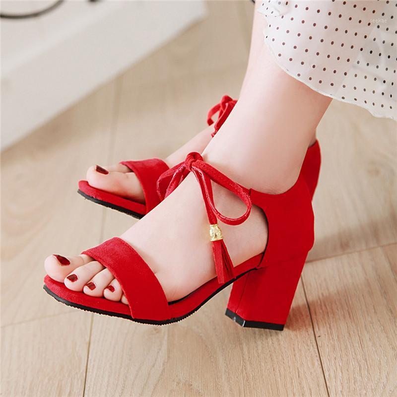 

YQBTDL High Heels Summer Womens Shoes Cover Heel Lace Up Tassel Open Toe Red Black Pink Gray Block Heel Sandals Women's Shoes1