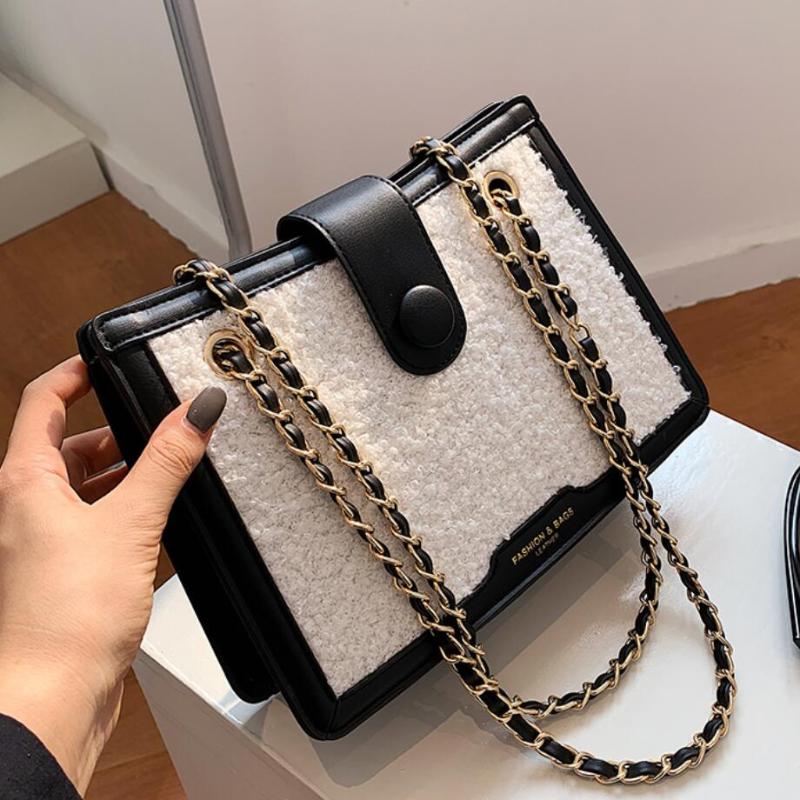 

Elegant Female Plush Tote bag 2021 Winter New High-quality PU Leather Women's Designer Handbag Chain Shoulder Messenger Bag, Black
