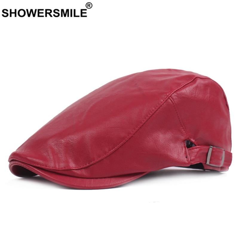 

Berets SHOWERSMILE Winter Hat PU Leather Red Mens Beret Retro Casual Warm Autumn Male Solid Brand Adjustable Flat Cap, Black