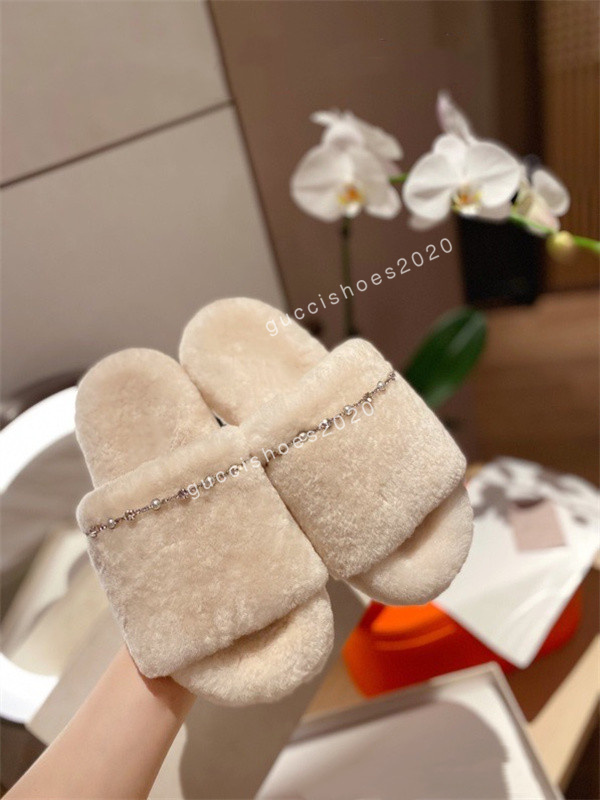 

Newest Newly autumn winter womens slippers metal chain all inclusive wool slipper for women black white outer wear plus big szie Muller half drag shoes size35-40, 02