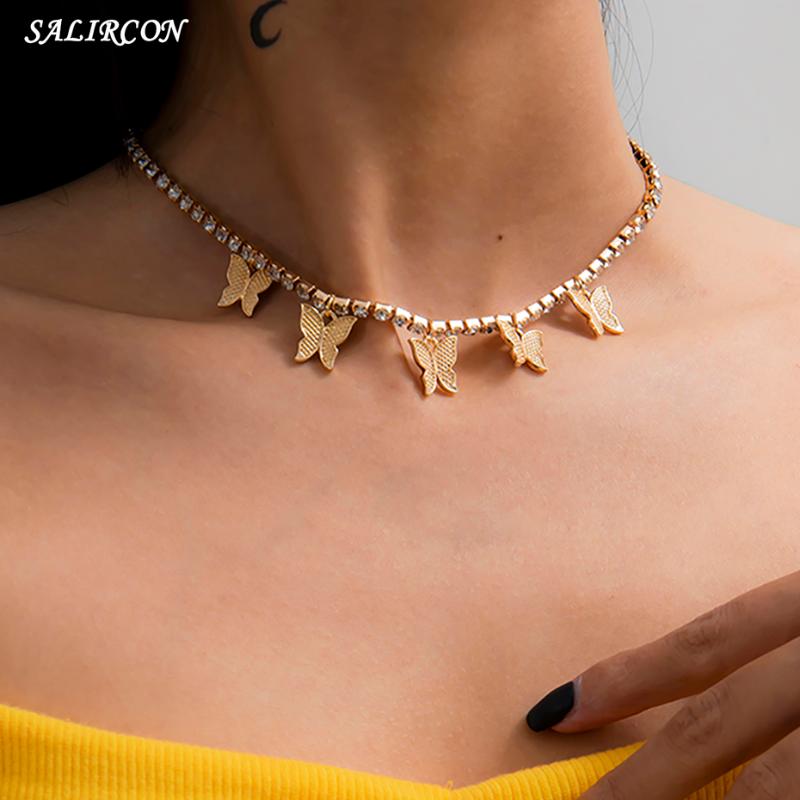

Salircon Kpop Crystal Butterfly Pendants Choker Necklace for Women Aesthetic Rhinestone Tennis Chain Necklace Jewelry Gift 2021