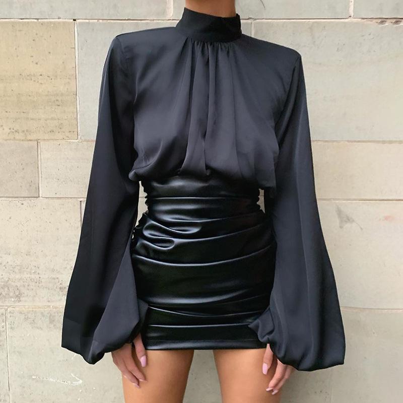 

Fashion loose flared sleeve short T-shirt new high-neck satin top women, Black
