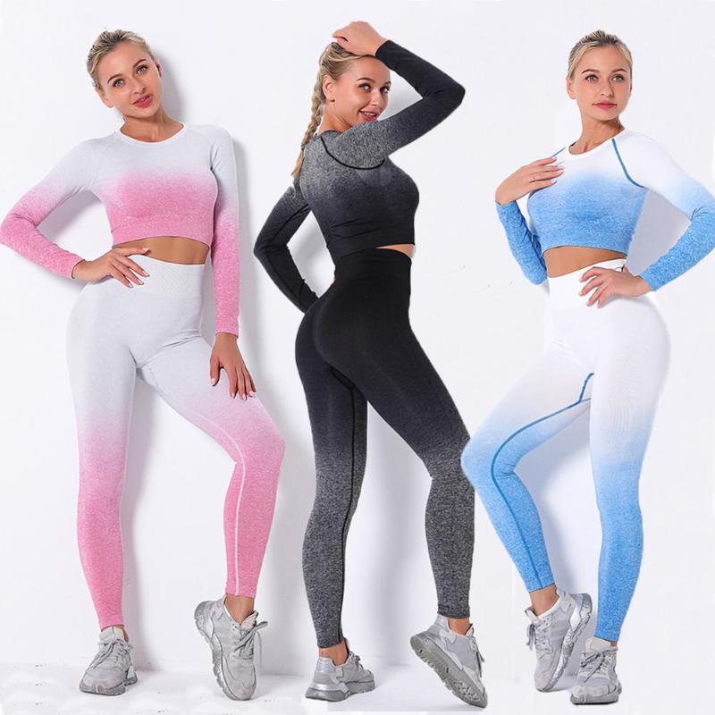 

Dyeing Gradient Female Long-Sleeve Gym Set Seamless Sexy Yoga Suit Sports Clothes High Waist Leggings Tight-Fitting Fitness Top1, Pants-green