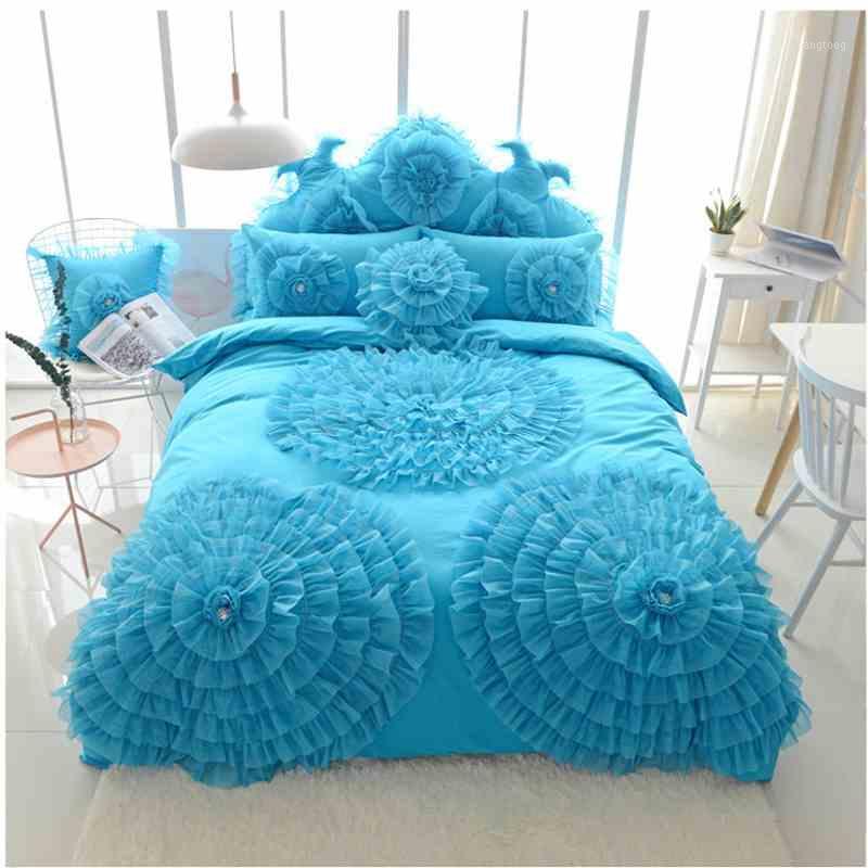 

Lace Flower Princess Bedding Set Solid Color Duvet Cover Bed skirt Cotton Wedding Bedspreads bed cover Home Decoration1