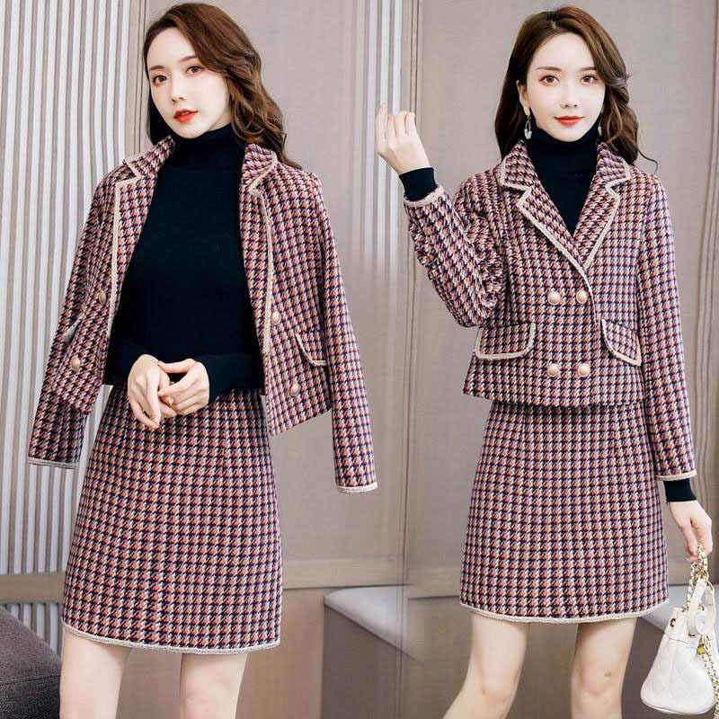 

Winter for Young Korean Fashions Trellises Jacket + Skirt Define Female Casual Wool Short Two Pieces Suit Dress R667 Ezjb, Green grid.