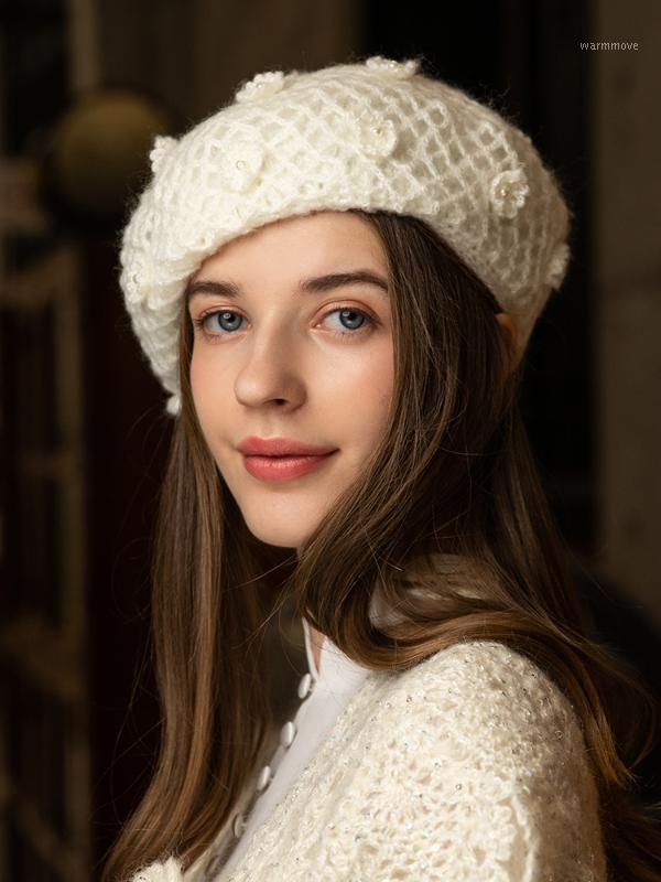 

X025 Adult Knitting Hats Handmade Flower Beret Female British Retro Hat Unisex Painter Cap Korean Style Fashion Pumpkin Hats1, Brown