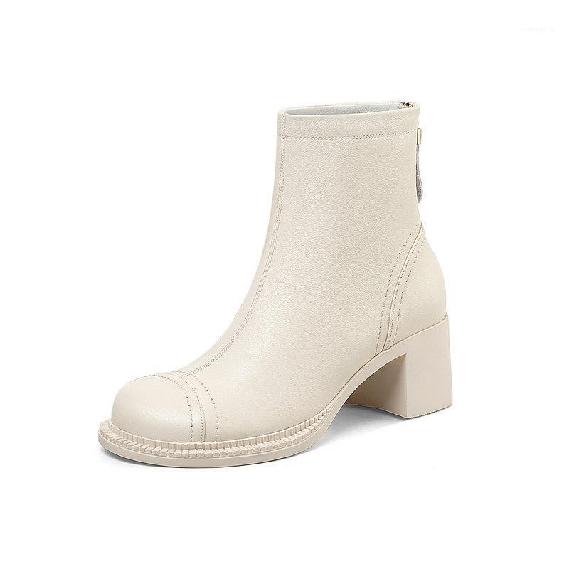 

boots Woman Genuine Leather Ankle Boots For Women Chunky high Heels Fashion Zipper Party Winter1, Beige