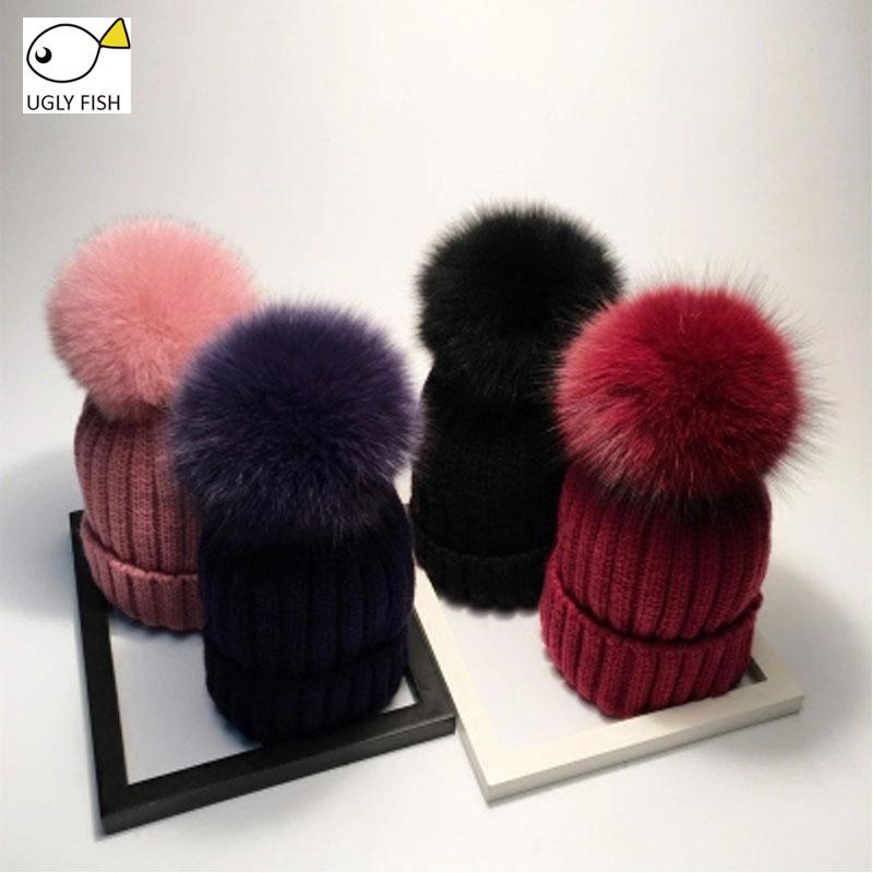 

UGLY FISH real pompom fur hat winter hats for women knitted hat beanie women girls 8 colors, White brown fur