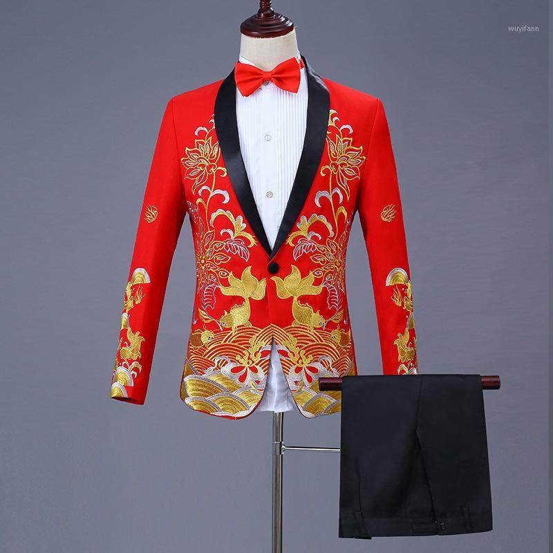 

Mens Black Gold Blazer Chinese Style Floral Fish Embroidery Blazer Men Shawl Collar Male Stage Wear Prom1