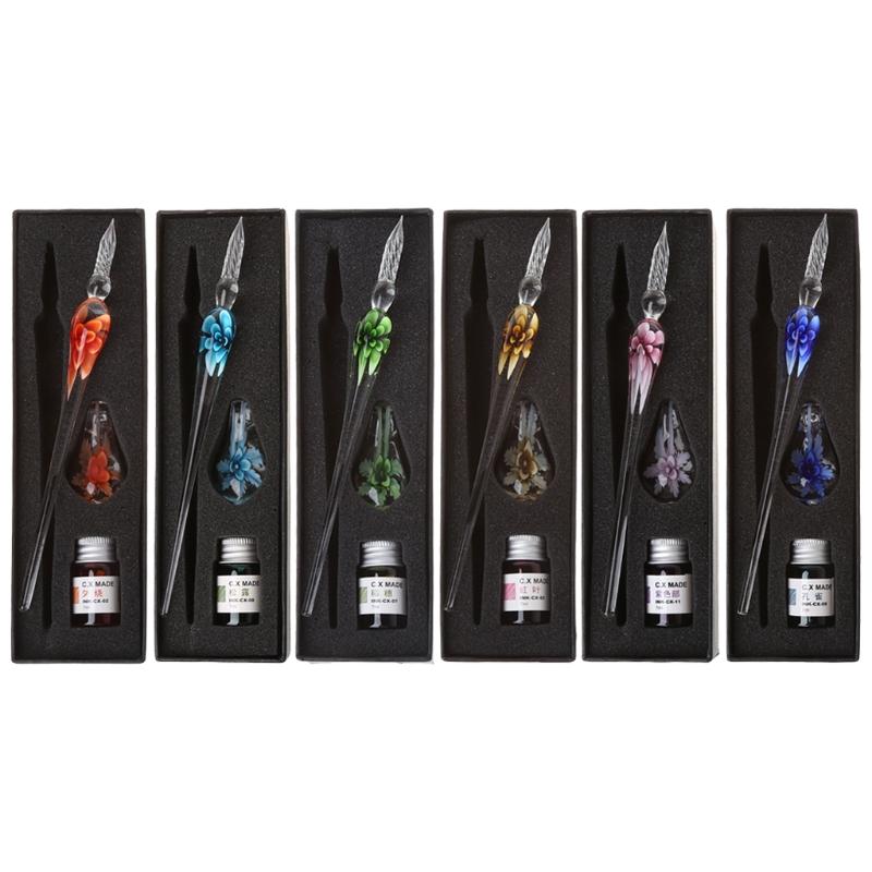 

Vintage Handmade Art Elegant Crystal Floral Glass Dip Pen Sign Ink Pens Gift, Pink