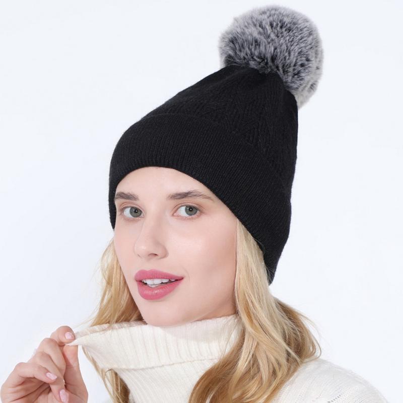 

Winter Female Beanie Caps Women Hats Casual Style Removable Hair Ball Acrylic Keep Warm Solid Color Weave Pattern, Black