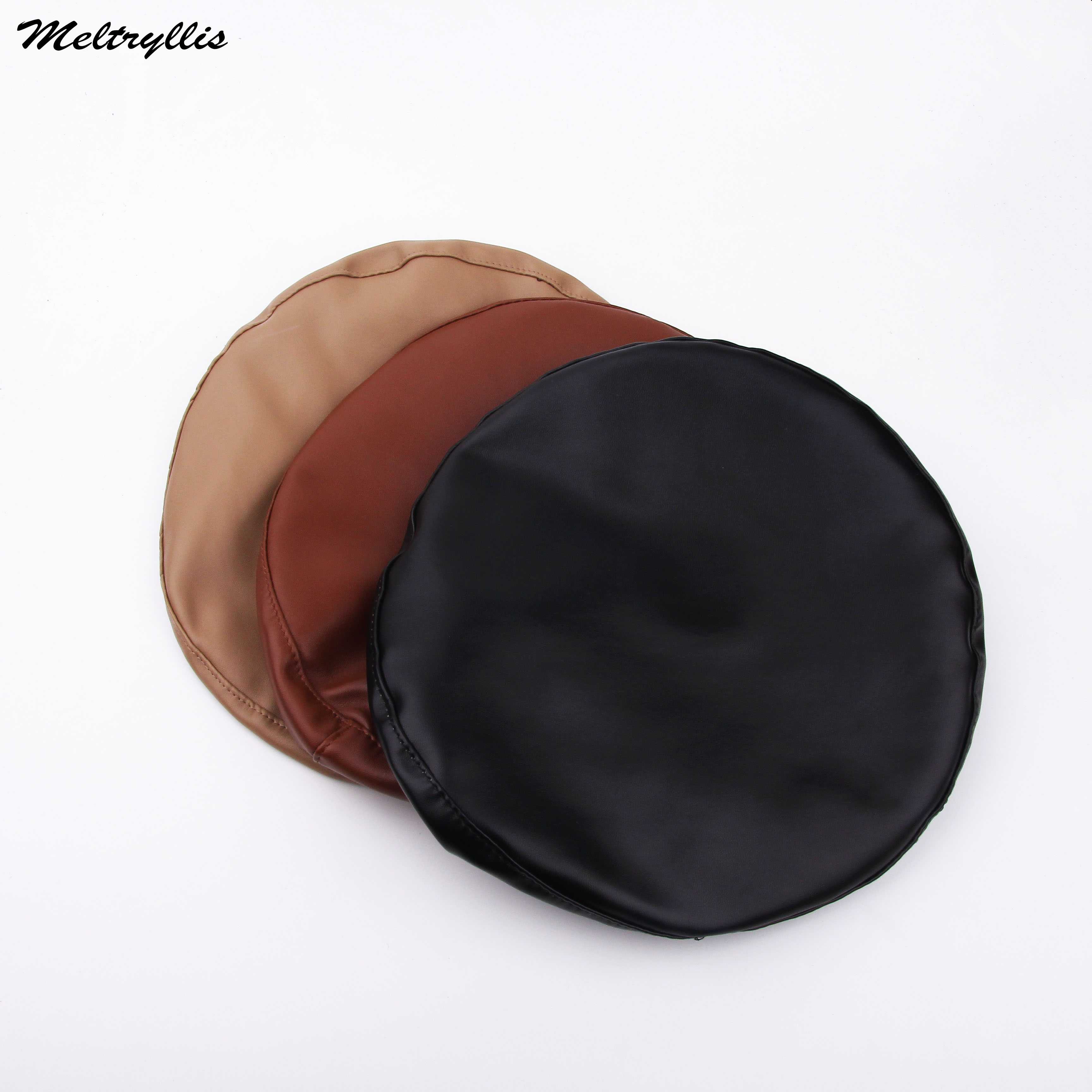 

2020 New Women Hot Fashion Beret Solid Faux PU Leather Beret Girls Autumn Winter Retro Beanie Caps French Artist Warmer Hats, Black