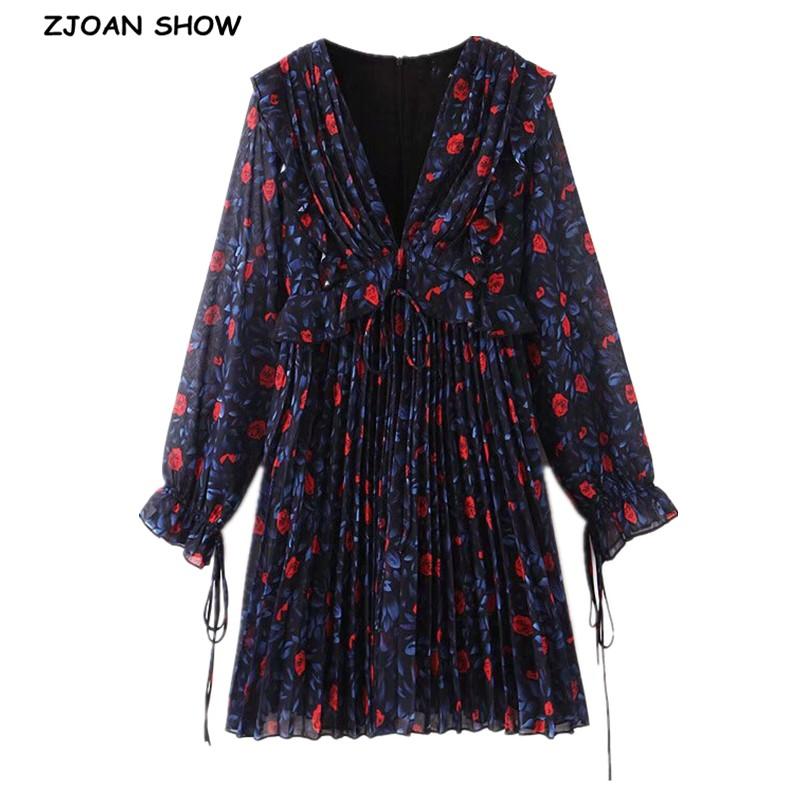 

Spring Autumn Purple Flower Long Sleeve Women' Dress Retro Chiffon Ruched V-neck Sexy Transparent Pleated Dresses