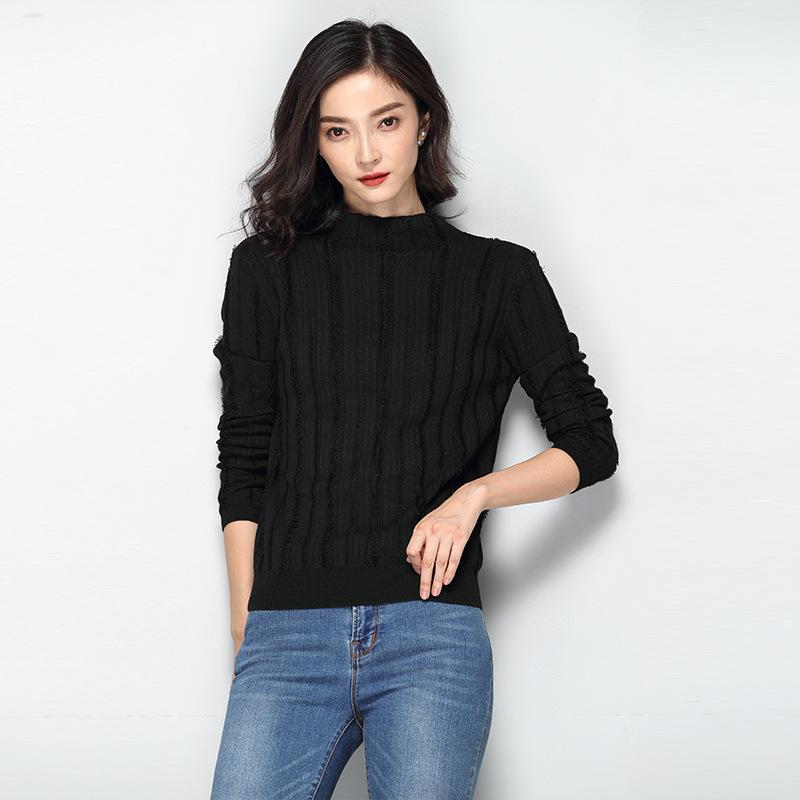 

Knitted Pullovers Women Sweaters 2020 New Autumn Long Sleeve Turtleneck Fashion Wool Striped Jumpers Pull Femme Woman Knit Top, Black