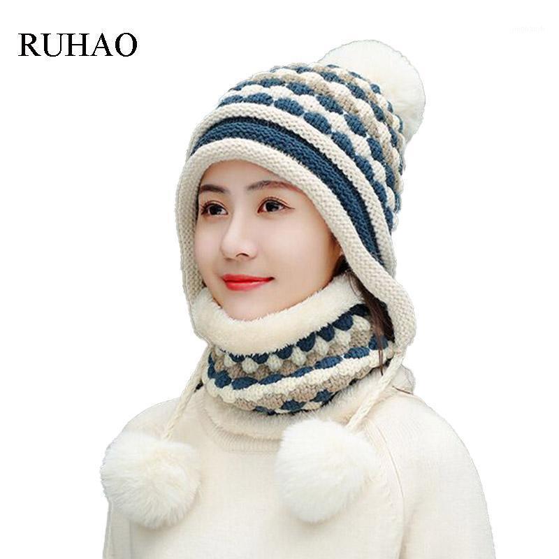 

RUHAO 2020 Winter Women Knitted Plaid Hat Scarf Female Warm Hat Scarf Set pompom Fashion Thickening Set Casual Snow Caps1