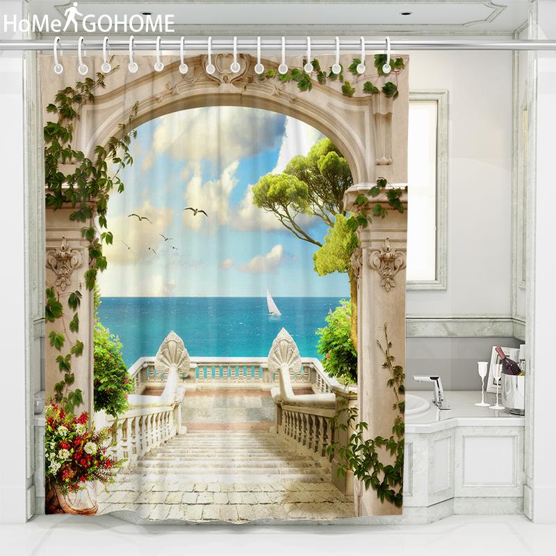 

Sea Beach Shower Curtains 3D Landscape Bath Screen Romantic Roman Arch Waterproof Bathroom Curtain with Hooks Bath Decor Curtain